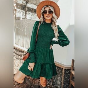 Cupshe Fall Harvest Smocked Long Sleeve Mini Dress Green